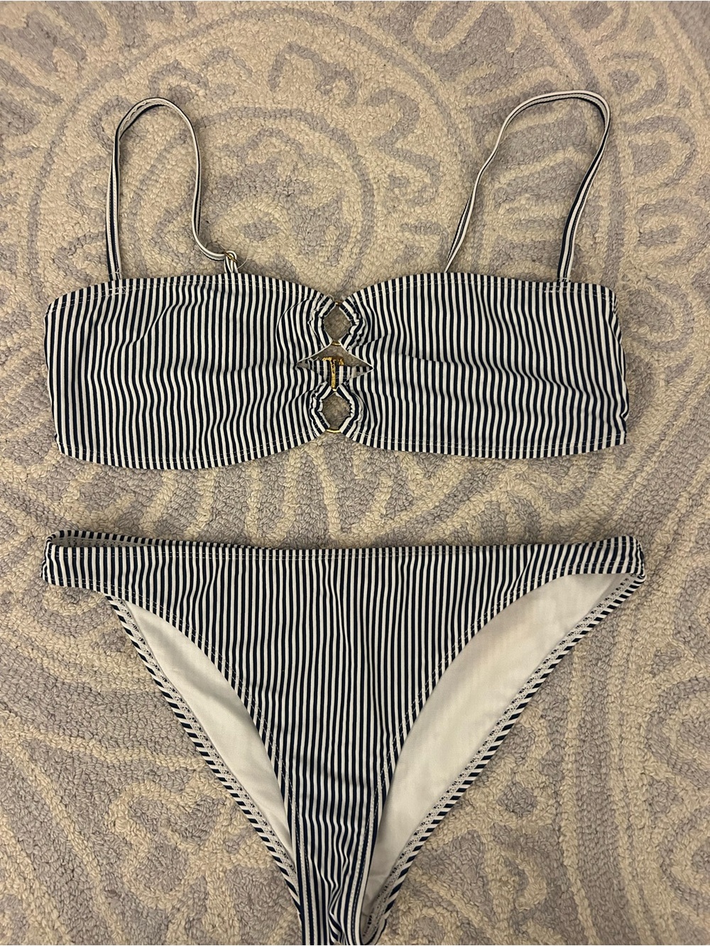 Kensie Navy and White Striped Bandeau Bikini Set